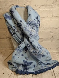 Scarf Blue multi denim shades floral & butterfly design crochet edge70 x 180cm - Picture 1 of 6