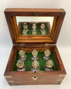 Beautiful Antique Decorated Scent Perfume Bottles in Brass Inlaid Wood Box - Picture 1 of 19