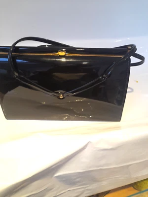 Black Patent Faux Leather Gold Frame Handbag Vintage 1960's - Image 1 of 4