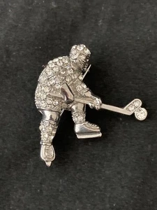 Beautiful Rhinestone and Silver Metal Hockey Player Lapel Pin - Picture 1 of 4