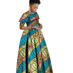 African Clothing Ruffles Collar Short Sleeve Long Dress Women Cotton X11420 - Picture 1 of 12