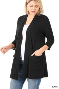 1X 2X 3X Women 3/4 Sleeve Long Sleeve Open Cardigan Slouchy Pockets Knee Length - Picture 1 of 31