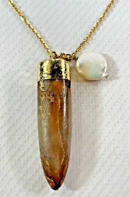 Pingente de pedra preciosa fóssil belemnita colar de pérolas de água doce 30” aço inoxidável NOVO - Imagem 1 de 4