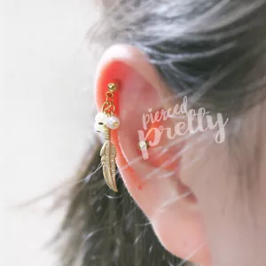 Feather Pearl dangle chain cartilage earring rose gold helix tragus labret 1pc - Picture 1 of 7