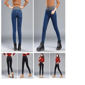 Girls women pencil pants fleece-lined slim Elastic waist warm zip Denim jeans - Picture 1 of 13