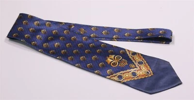 Gravata Versace Vintage Anos 90 Ouro Azul Medusa Geométrica Seda - Imagem 1 de 4