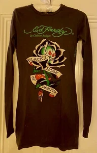 ED HARDY Rhinestone BLACK ROSE OF DEATH Lg Sleeve T-Shirt Tunic SM NEW /Tags NWT - Picture 1 of 8
