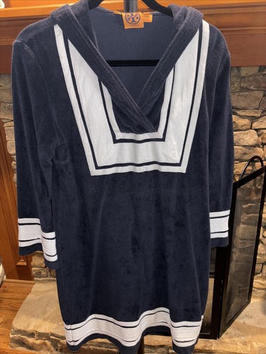 Abito copricostume da bagno Tory Burch cotone spugna blu navy bianco us intime ottimeioni con conpuccio cappuc
