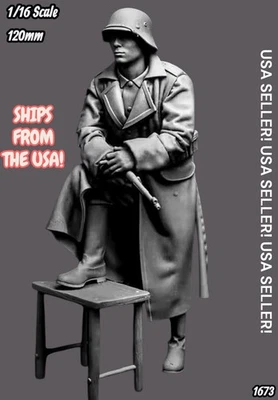 1/16 Resin Figure German Infantryman In Trenchcoat Foot on Stool Model Kit 1673 - Image 1 of 4