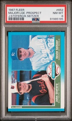 1987 FLEER J.STEFERO/K.SEITZER #652 MAJOR LGE. PROSPECT ROOKIE RC PSA 8 - Image 1 of 2