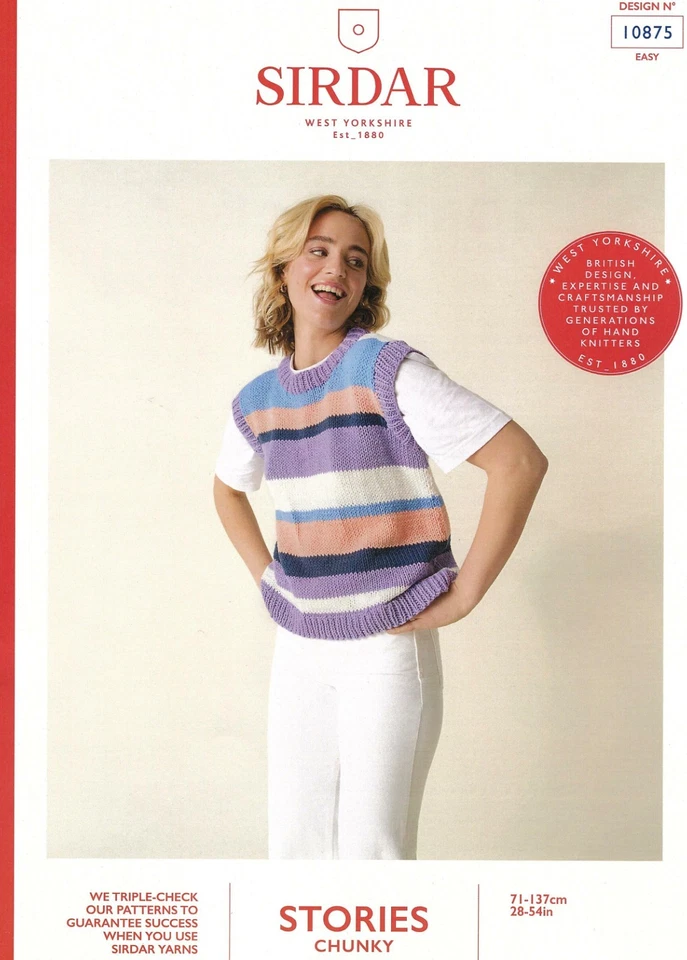 Sirdar Chunky Knitting Pattern - 10875 Ladies Striped Tank Top  (28-54ins) - Image 1 of 2