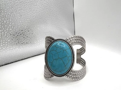 Wide Chunky Boho Silver Tone Turquoise Howlite Cuff Bracelet 7.5-8.5 Inches Adj - Image 1 of 4