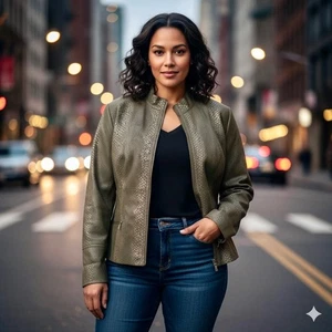 Alfani Damen Leder Schlangenprägung durchgehender Reißverschluss Motorrad Jacke braun grau oliv Y2K XL - Bild 1 von 7