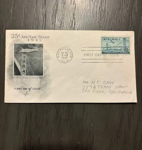 US COVER FIRST DAY ISSUE 25 Cent AirMail Stamp 1947 San Francisco CA - Picture 1 of 2