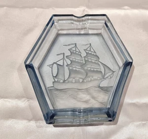 Art Deco Vintage Intaglio 3 Masted Sailing Ship Blue Depression Glass Ashtray - Picture 1 of 10