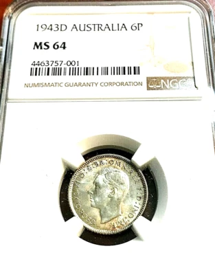 1943-D Australia Sixpence NGC MS64 Nice Light Patina Scratch-Free Holder CHRC - Image 1 of 3