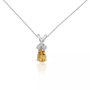 14k White Gold Citrine Pear Pendant with Diamonds and 18" Chain - Picture 1 of 3