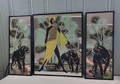 Espejo Vintage Estilo Art Deco De 3 Paneles Pantalla De Sol Gráficos Pantera Gato • 149.65€
