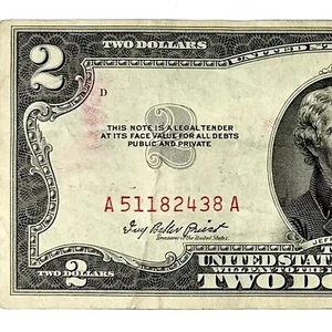 1953-A Series $2 Dollar Bill Fed Reserve Note Red Smear Print Error A51182438A - Picture 1 of 16