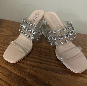 Nanette Lepore Blake Rhinestone Translucent Clear Straps Block Heels Sz 8.5 - Picture 1 of 7