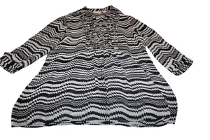 Chico's Sheer Tunic Top Black & White 3/4 Sleeve, Split Neck, Tucks - Size M - Picture 1 of 3