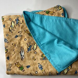 Homemade Turquoise Flannel Back Cowboy Baby Blanket Uneven Edging Horses Hats