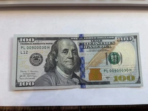 2017A $100 Dollar TRINARY - ZEROS - FANCY SERIAL Number- PL 00900030 H - Picture 1 of 1