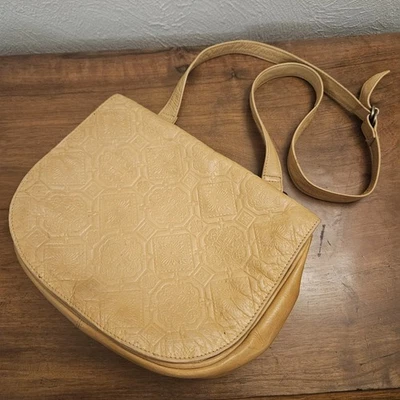 Vintage Boho Liz Claiborne Tooled Genius Leather Yellow Crossbody Purse - Image 1 of 4