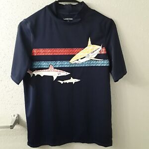 Lands End Swim Short Sleeve Navy Blue Shark Print Rashguard Top Size L(14-16)