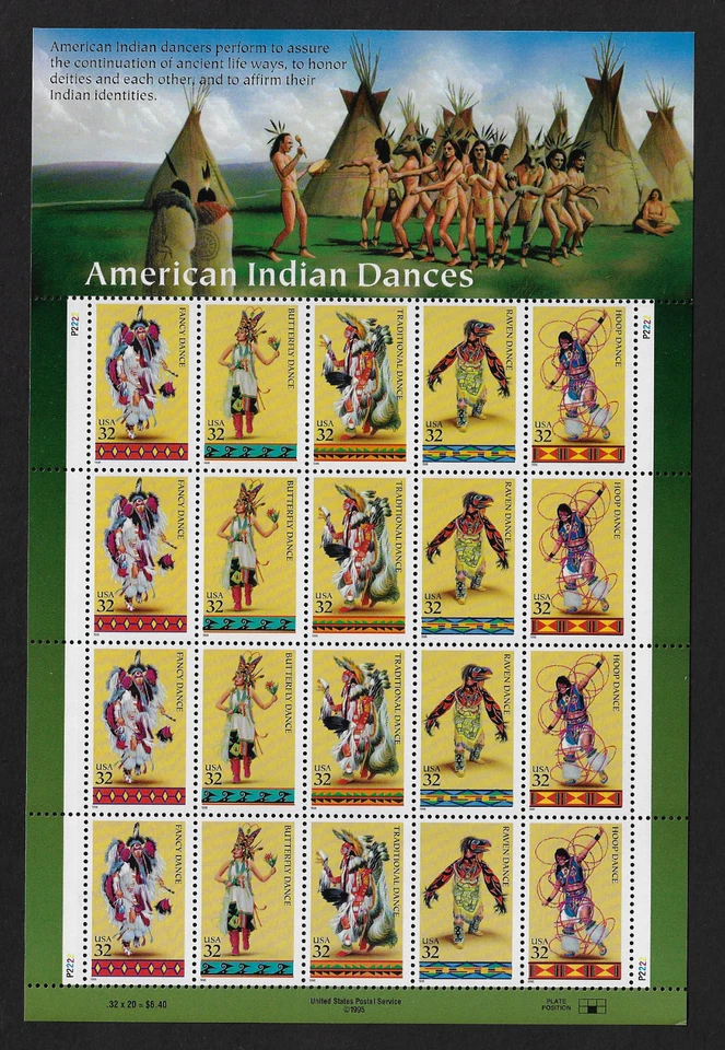 US Stamps — Full Pane of 20 — 1996, American Indian Dances #3072-3076 MNH - Image 1 of 1
