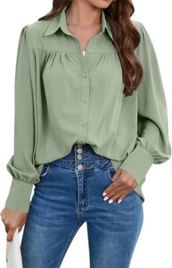Women's Dressy Casual Lapel Collar Pleated Lantern Sleeve Button Down Shirt - Picture 1 of 19