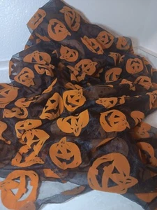 Halloween Fabric Orange Suede Pumpkins Jack-o-latern on Black Mesh 5.5'x4' Decor - Picture 1 of 3