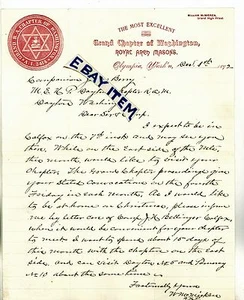 1892 CARTA Olympia Washington GRAN CAPÍTULO Royal Arch Masons WILLIAM McMICKEN - Imagen 1 de 1