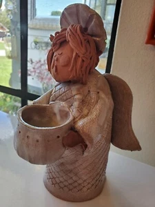 vintage clay pottery candle tealight holder angel choir folkart sculpture figure - Picture 1 of 12