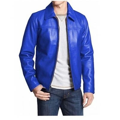 Genuine Blue Leather Jacket: Classic basic design with a stylish collar - Image 1 of 3
