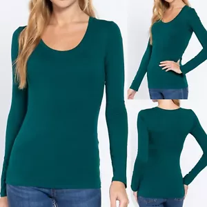 Womens Scoop Neck Cotton Stretch Long Sleeve T-Shirt Plain Fitted Slim Layering - Picture 1 of 84