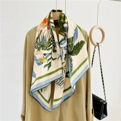 Sallys 100% Silk Wrap Shawl Bandanna Shawl Birds Print Square Scarf 43" Blue - Image 1 of 4