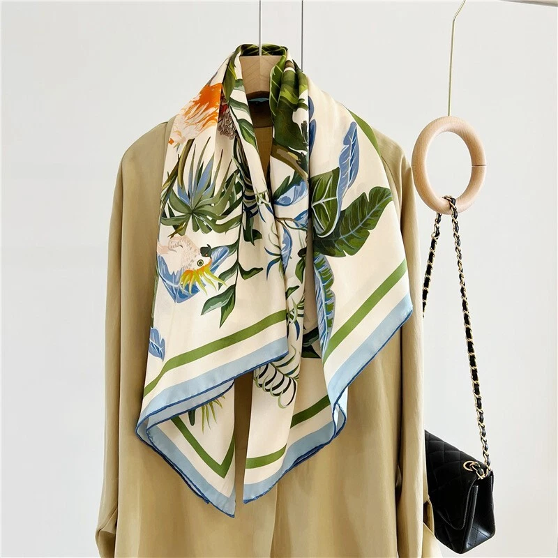 Sallys 100% Silk Wrap Shawl Bandanna Shawl Birds Print Square Scarf 43" Blue - Image 1 of 4