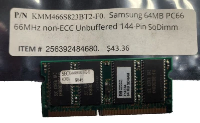 P/N  KMM466S823BT2-F0.  Samsung 64MB PC66 66MHz non-ECC Unbuffered 144-Pin SoDim - Image 1 of 3