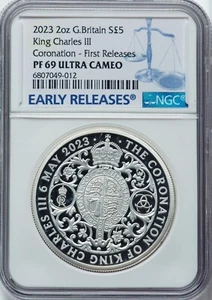 2023 Great Britain 2 oz Silver £5 King Charles III Coronation NGC PF-69 UCAM FR - Picture 1 of 8