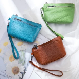 Genuine Leather Coin Purse Pouch RFID Card Holder Zipper Wallet with Wrist Strap - Picture 1 of 24