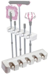 Wall Mounted Mop and Broom Holder - 5 Tool Capacity - Auto Adjusts For Pole Size - Picture 1 of 5