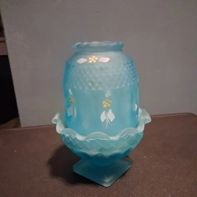 Fairy Lamp Light Aqua Blue Satin Glass Handpainted Florals Daisies Westmoreland - Image 1 of 4