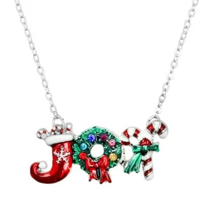 Christmas Necklace Pendant Holiday Crystal JOY Stocking Wreath Candy Cane RED - Picture 1 of 2