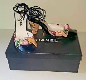 Authentic Chanel Cruise Black Patent & Pink Ice Cream Print Shoes Pumps Sz 6/36 - Picture 1 of 13