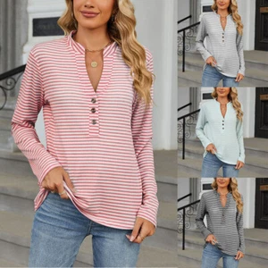 Women Stripes T-Shirt Long Sleeve V Neck Tees Tops Spring Autumn Casual Pullover - Picture 1 of 24