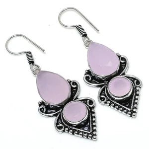 Pink Rose Quartz Gemstone Handmade 925 Sterling silver Jewelry Earring Size 2'' - Picture 1 of 1