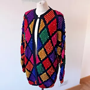 Cardigan donna vintage anni 80/90 oversize folle perline paillettes piccolo festa pazza - Foto 1 di 13
