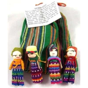 Four Large Big Worry Dolls in a handwoven textile bag - Foto 1 di 6