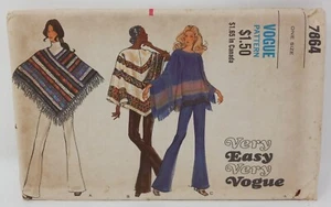 Poncho Vogue 1970 patrón de costura #7864 con flecos o ribete trenzado talla única vintage - Imagen 1 de 2